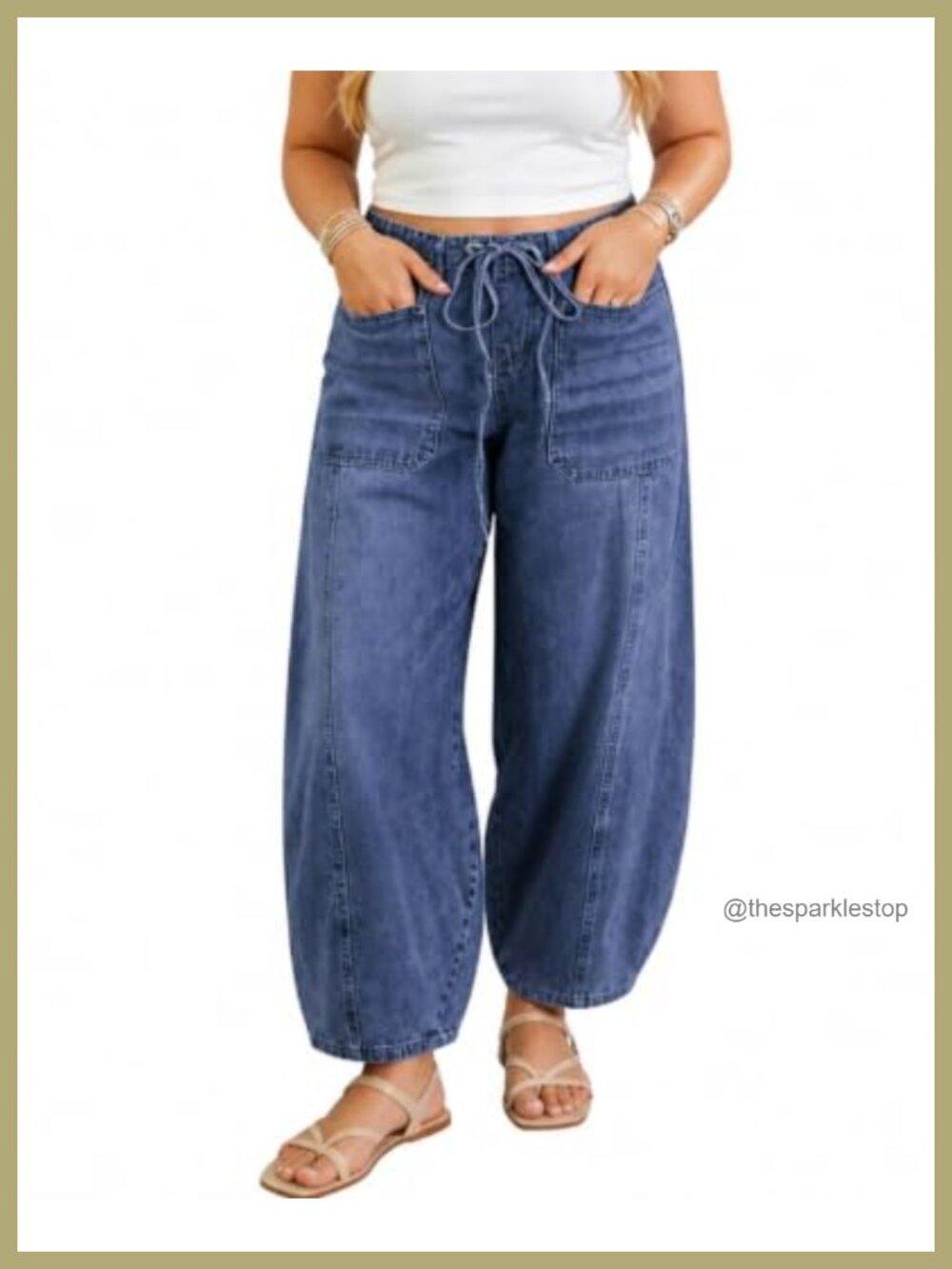 Women's Barrel Jeans Elastic Waist Drawstring Baggy Wide Leg Ankle Pants